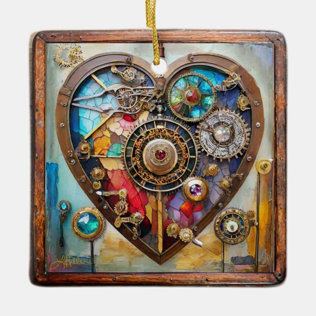 Jewels And Stained Glass Heart Steampunk Series Ceramic Ornament (Front)