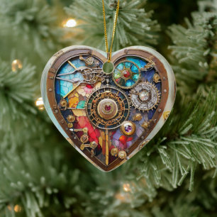 Jewels And Stained Glass Heart Steampunk Series Ceramic Ornament