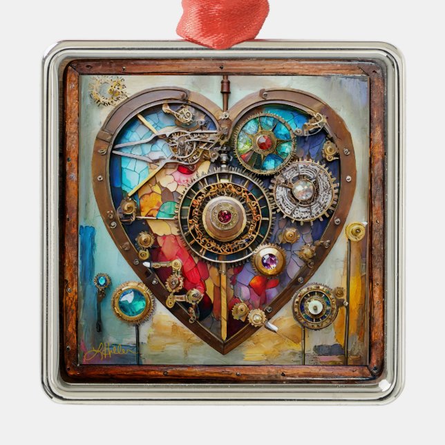 Jewels And Stained Glass Heart Steampunk Series Metal Ornament (Front)