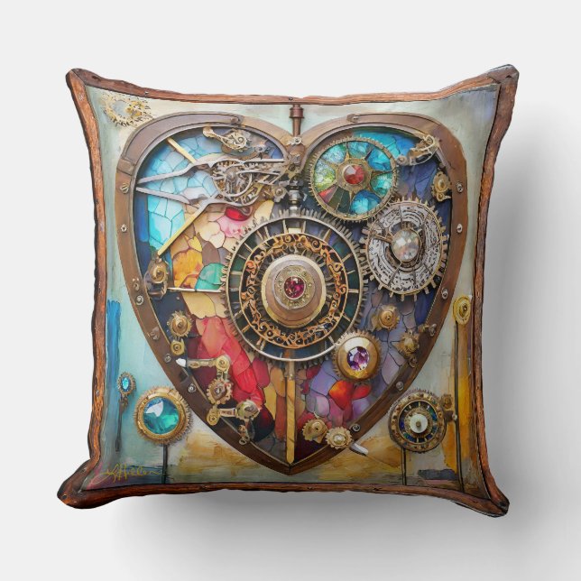 Jewels And Stained Glass Heart Steampunk Series Throw Pillow (Front)