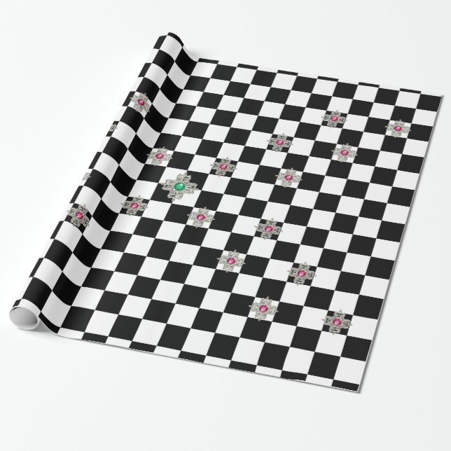 Jewels Black and White Checkerboard Wrapping Paper (Unrolled)