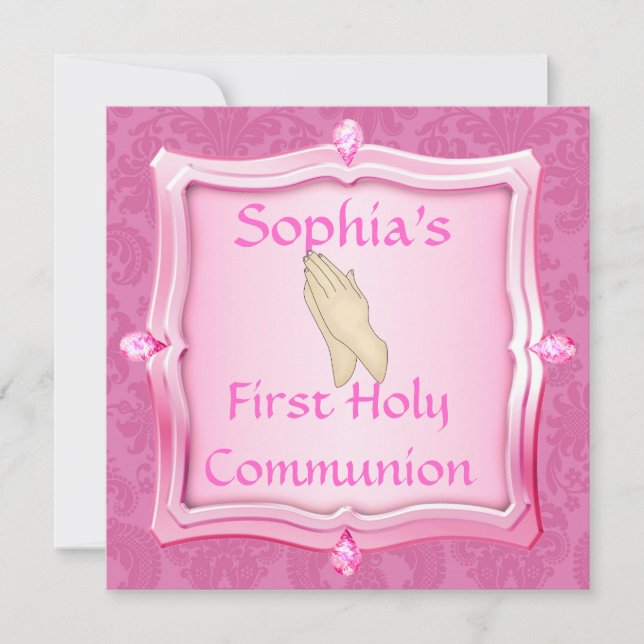 JEWELS  DAMASK Holy Communion PINK  INVITATIONS (Front)