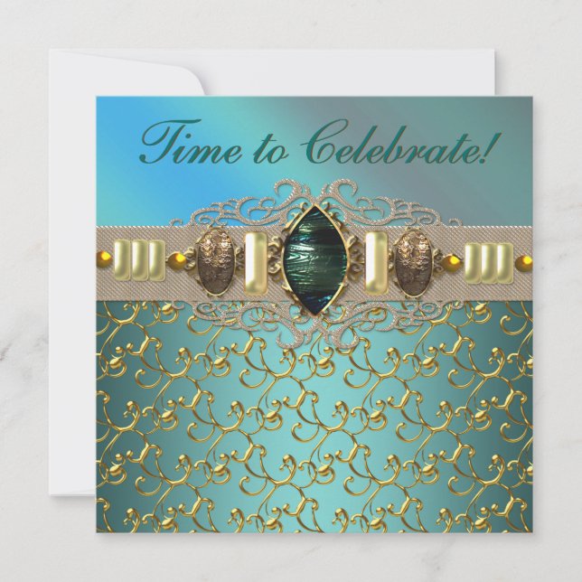 Jewels Emerald Teal Blue Gold Birthday Party Invitation (Front)