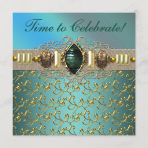 Jewels Emerald Teal Blue Gold Birthday Party Invitation