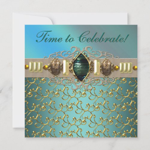 Jewels Emerald Teal Blue Gold Birthday Party Invitation
