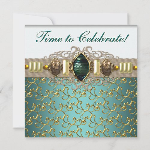 Jewels Emerald Teal Blue Jade Gold Birthday Party Invitation