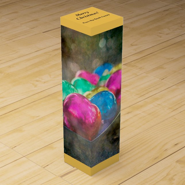 Jewels of the Forest Christmas Ornaments on Gold Wine Box (Front)