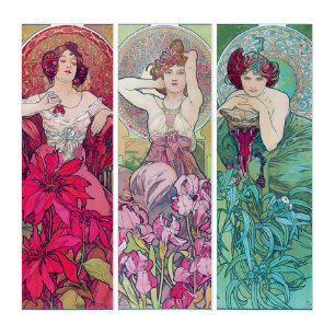 Jewels (Ruby/Amethyst/Emerald), Alphonse Mucha Triptych