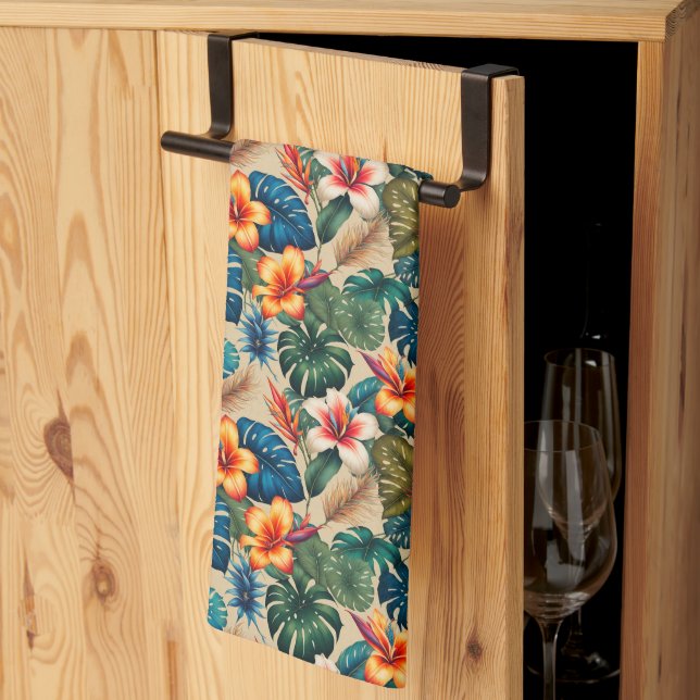 Jeweltone Tropical Flowers and Leaves Kitchen Towel (Thirds Fold)