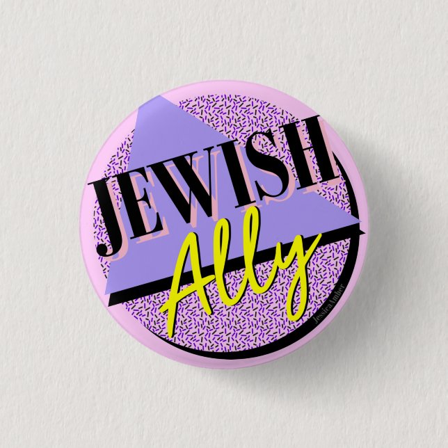 Jewish Ally Purple Yellow 90s Memphis Style Button (Front)
