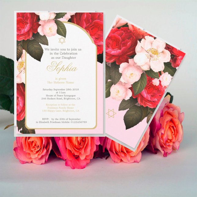 Jewish Baby Naming Floral Pink Gold  Invitation (Creator Uploaded)