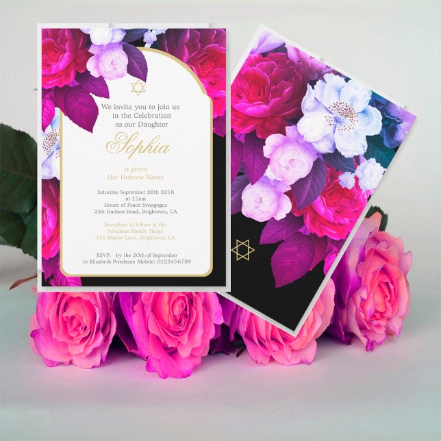 Jewish Baby Naming Floral Purple Black Gold  Invitation (Creator Uploaded)