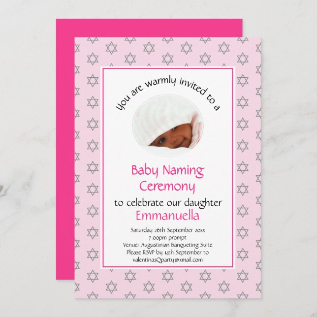 Jewish Baby Naming | Simchat Bat | Photo | Pink Invitation (Front/Back)