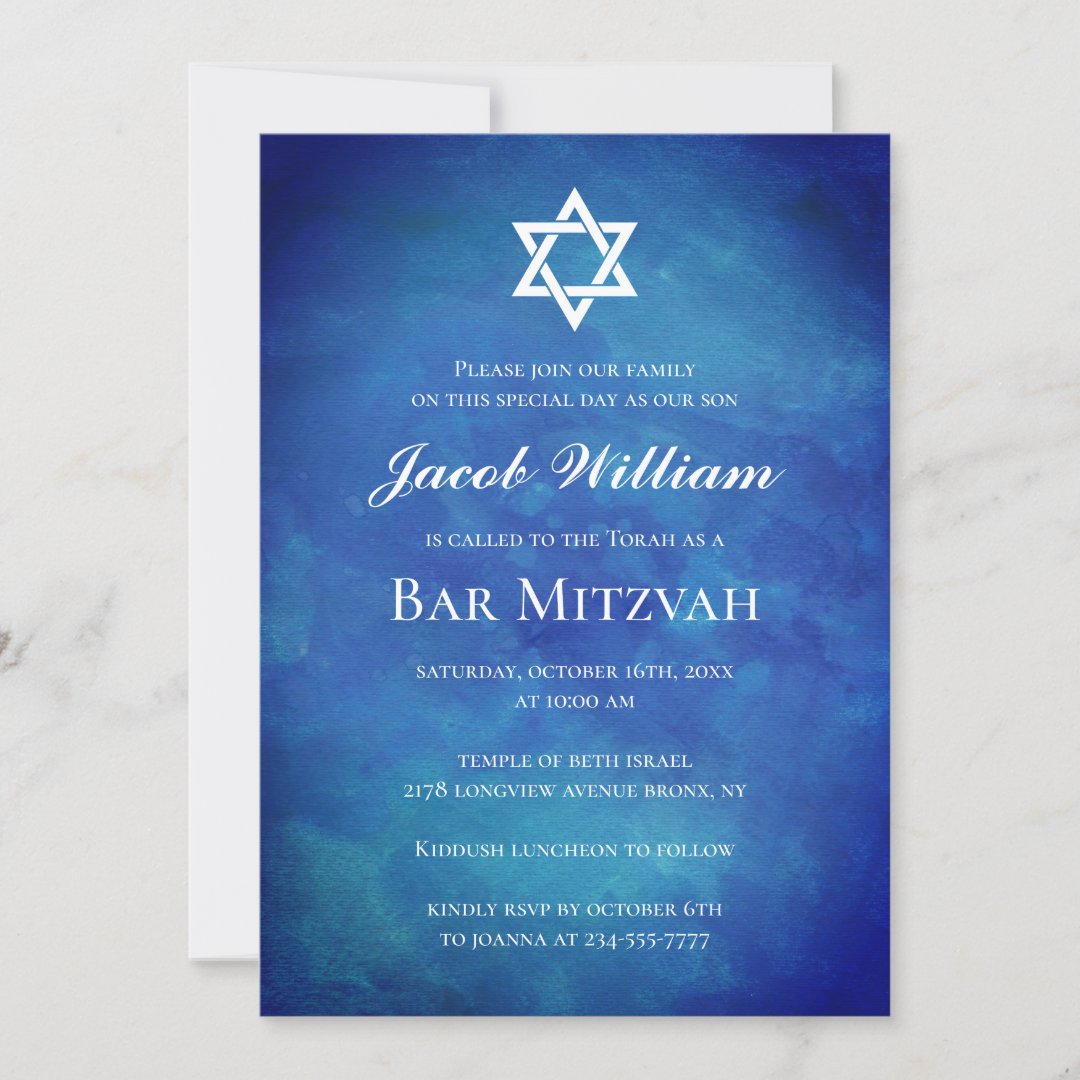 Jewish Bar Mitzvah Blue Watercolor Invitation | Zazzle