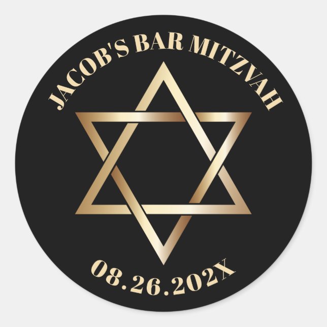 Jewish BAR MITZVAH Gold Star of David Black Classic Round Sticker (Front)