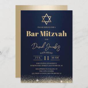 Jewish Bar Mitzvah Modern Navy Blue & Gold Invitation