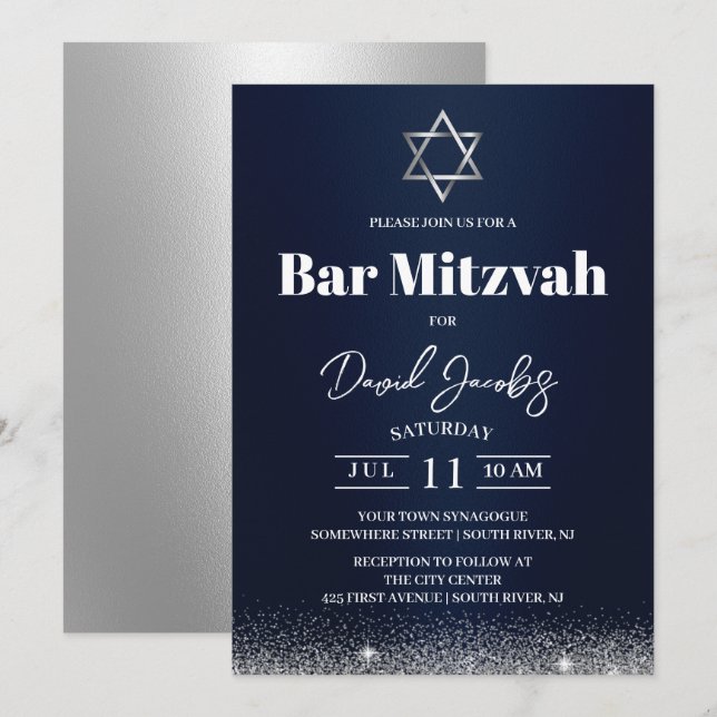 Jewish Bar Mitzvah Star of David Modern Navy Blue Invitation (Front/Back)