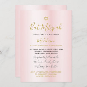 Jewish Bat Mitzvah Pink Gold Girls Hebrew Invitation