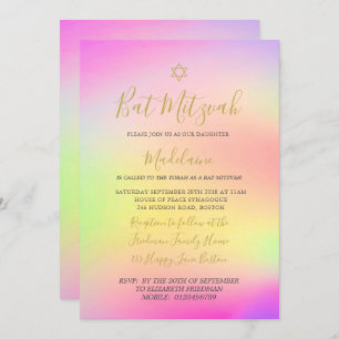 Jewish Bat Mitzvah Rainbow Gold Girls Hebrew Invitation