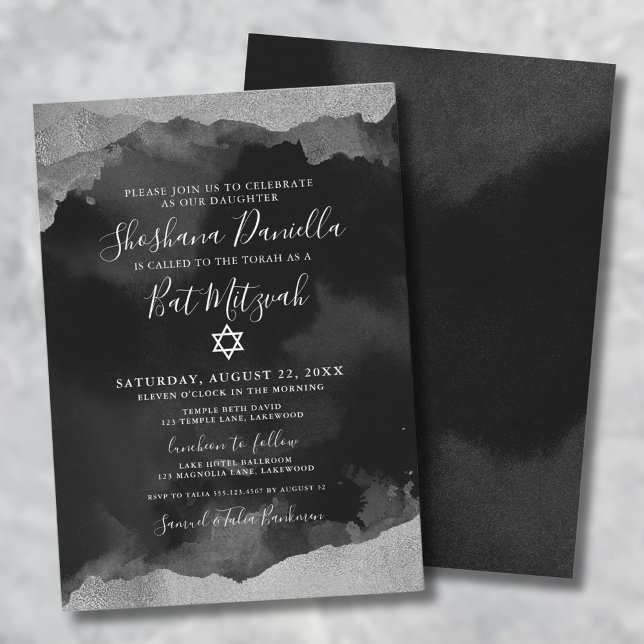 Jewish Black Silver Watercolor Mitzvah Invitation (Bat Mitzvah Girl Black Silver Watercolor Jewish Invitation)