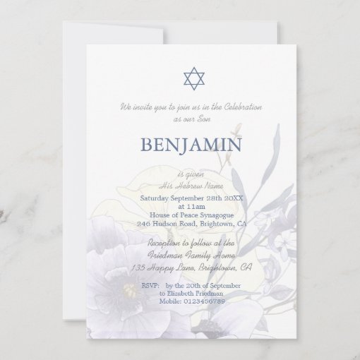 Jewish Boy Blue Floral Naming Ceremony Hebrew Invitation | Zazzle