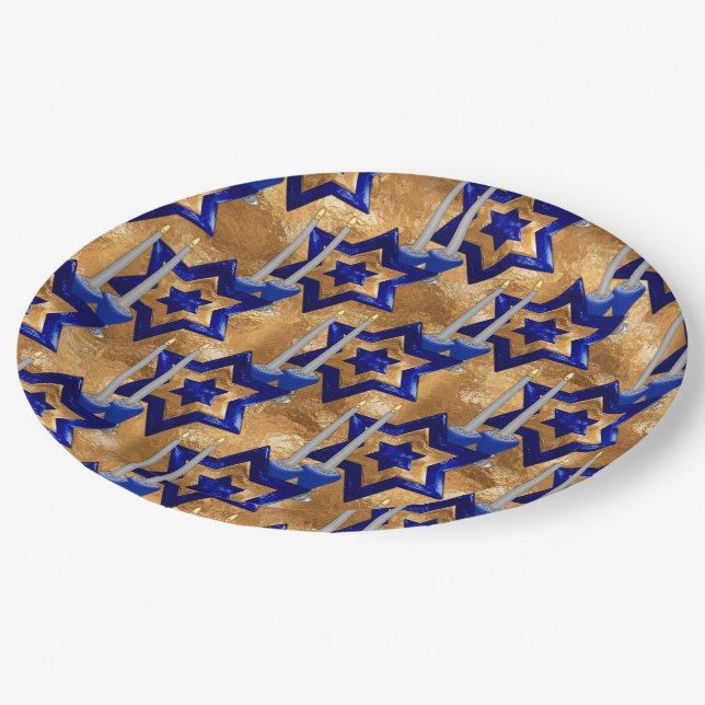 Jewish-Candlesticks-and-Stars Gold 3 Paper Plates (Angled)