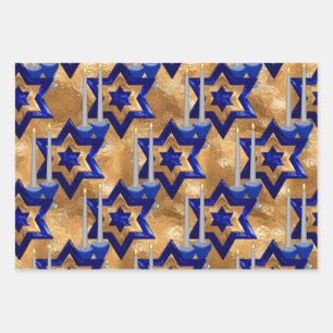 Jewish-Candlesticks-and-Stars-SET-3 Wrapping Paper Sheets