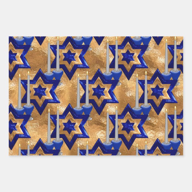 Jewish-Candlesticks-and-Stars-SET-3 Wrapping Paper Sheets (Front)