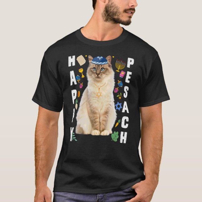 Jewish Cat Kippah Happy Pesach Matzah Passover Hol T-Shirt (Front)