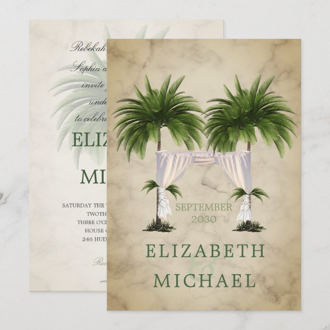 Jewish  Chuppah Elegant Modern  Champagne Palm Invitation (Front/Back)