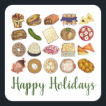 Jewish Cooking Cuisine Happy Holidays Dinner Square Sticker<br><div class="desc">Design features an original illustration of an assortment of popular foods in Jewish cuisine, including: babka, bagel with cream cheese and lox, rugelach, blueberry blintzes, hamantash, reuben sandwich, kosher dill pickle, matzah, spinach knish, shakshuka, everything bagel, coconut macaroon, Israeli salad, kugel, bourekas, beef brisket, latkes with sour cream, matzo ball...</div>