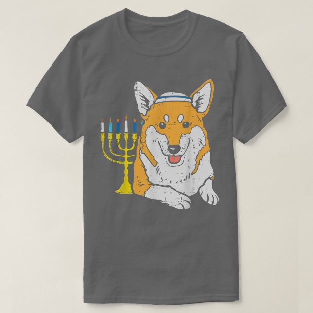 Jewish Corgi Dog Menorah Hanukkah Pajamas Chanukah T-Shirt (Design Front)