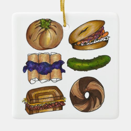 Jewish Deli Foods Pickle Knish Blintz Bagel Lox Ceramic Ornament