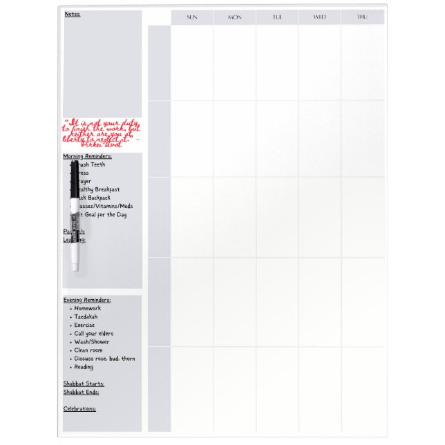 Jewish Family Weekly Calendar Planner  Dry Erase Board (Front)