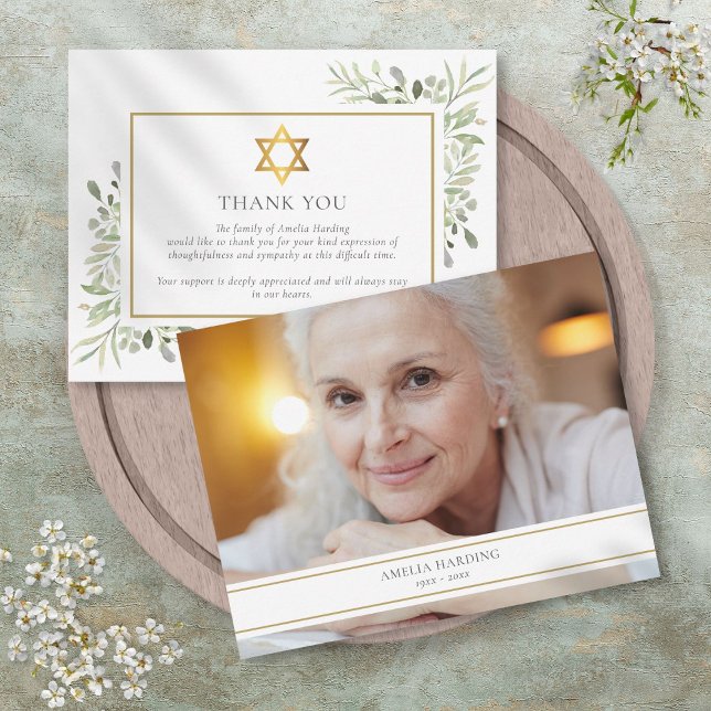 Jewish Funeral  Foliage Gold Star Of David Photo Thank You Card (Jewish Funeral Foliage Gold Star Of David Photo Thank You Card)