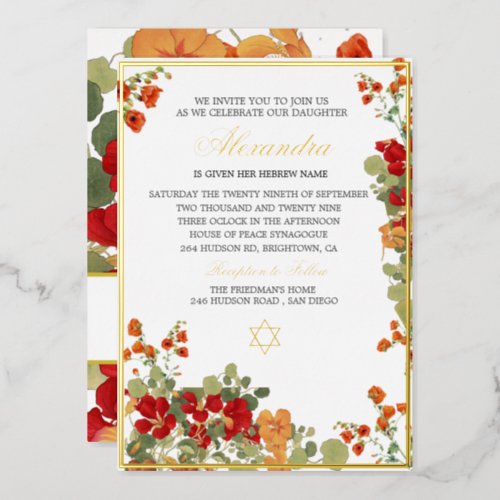 Jewish Girl Baby Naming Orange Red Modern Floral  Foil Invitation
