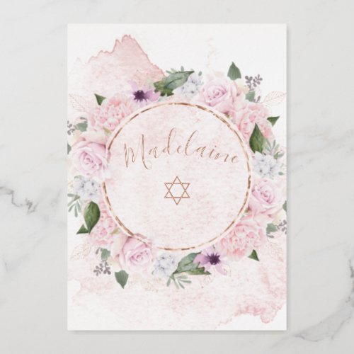 Jewish Girl Baby Naming Pink Roses Foil Invitation