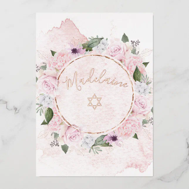 Jewish Girl Baby Naming Pink Roses Foil Invitation Zazzle