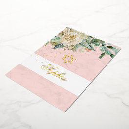 Jewish Girl Gold Baby Naming Pink Roses Religious Foil Invitation