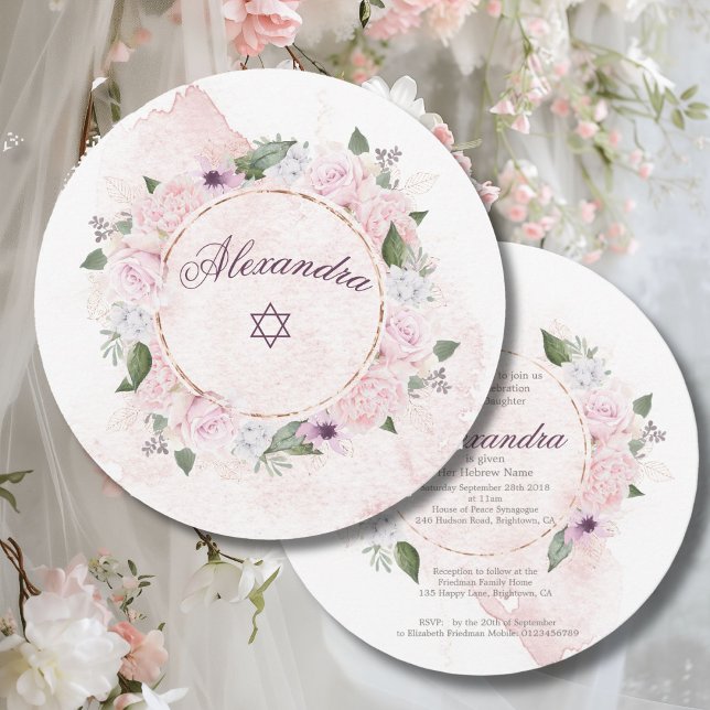 Jewish Girl Naming Pink Roses Star Of David Square Invitation (Creator Uploaded)