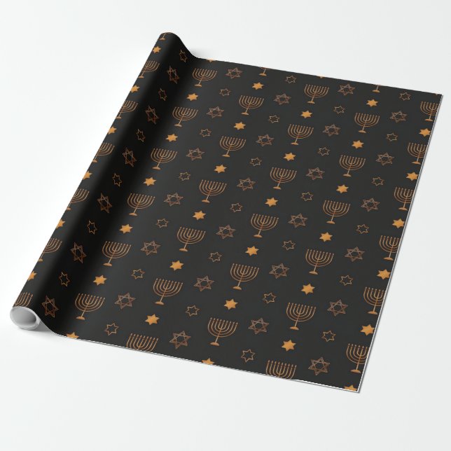 Jewish Golden Candlesticks Stars of David Hanukkah Wrapping Paper (Unrolled)