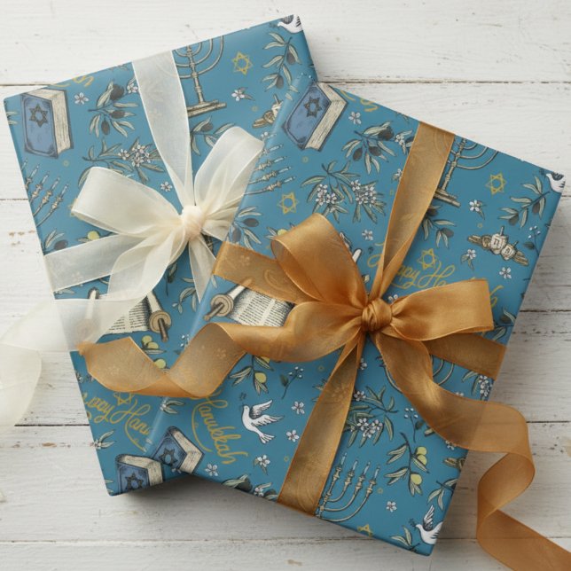 Jewish Happy Hanukkah Menorah & Olive Branches Wrapping Paper (Judaism Religion Hanukkah BlueWrapping Paper. Menorah, Star of David, Dreidel, Torah, Dove, Olives)