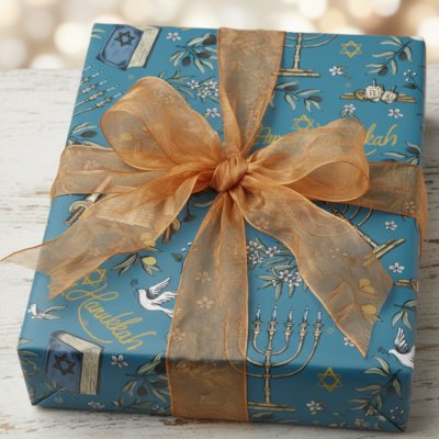 Jewish Happy Hanukkah Menorah &amp; Olive Branches Wrapping Paper
