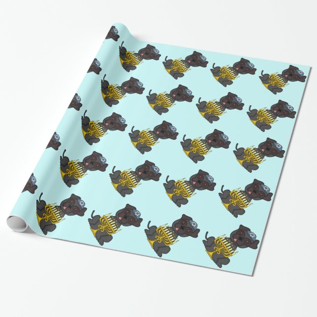 Jewish Holiday-Pug Dog with Menorah Wrapping Paper (Unrolled)