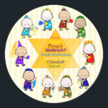 Jewish Holiday Star Kids Round Sticker<br><div class="desc">Appropriate for any Jewish holiday (well,  except fast days like Yom Kippur),  this design features a large Star of David with names of several Jewish holidays in the center. Surrounding the Star are stylized,  colorful kids in appropriate holiday garb. Festive and fun.</div>