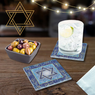 Jewish Holidays Events Star of David Blue Gold Glass Coaster