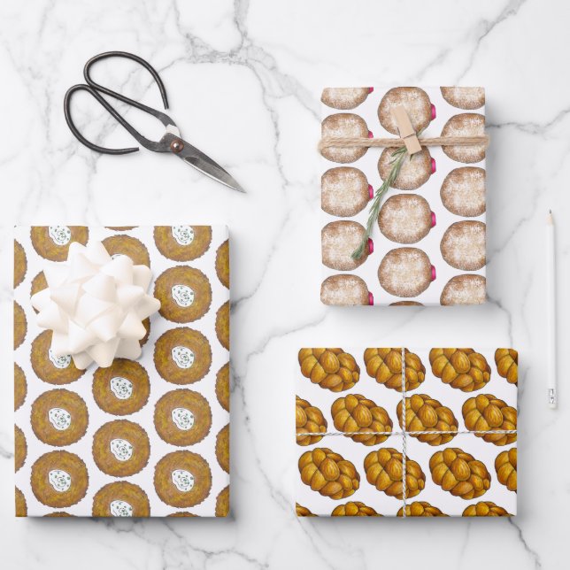 Jewish Holidays Hanukkah Latke Challah Sufganiyah Wrapping Paper Sheets (Front)