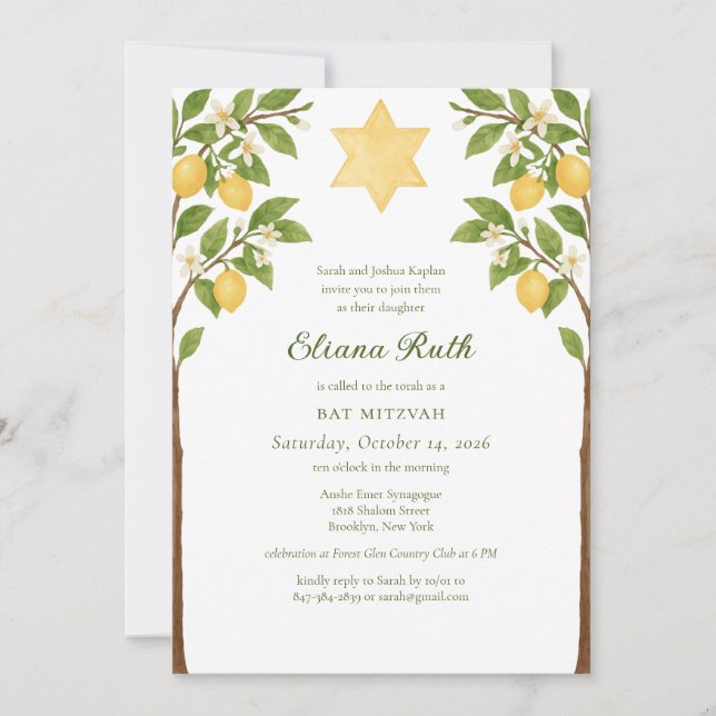 Jewish Lemon Floral Star of David Bat Mitzvah Invitation (Front)