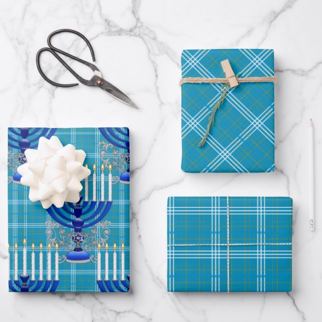 Jewish-Menorah-Plaid-Cyan Wrapping Paper Sheets (Front)