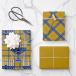Jewish-Menorah-Plaid-Gold Wrapping Paper Sheets<br><div class="desc">From my new Jewish Collection coming into stores now... MENORAH PLAID GOLD. A large silver and blue detailed 9 branch menorah design on an all-over background plaid pattern. All of the candles appear lit. The plaid pattern is gold, blue & white. You get 3 sheets of gift wrapping sheets. One...</div>